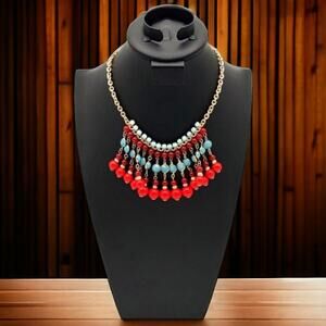 Vintage Jewelry Cascading Beaded Bib Gold Tone Red Blue Fringed Costume Necklace